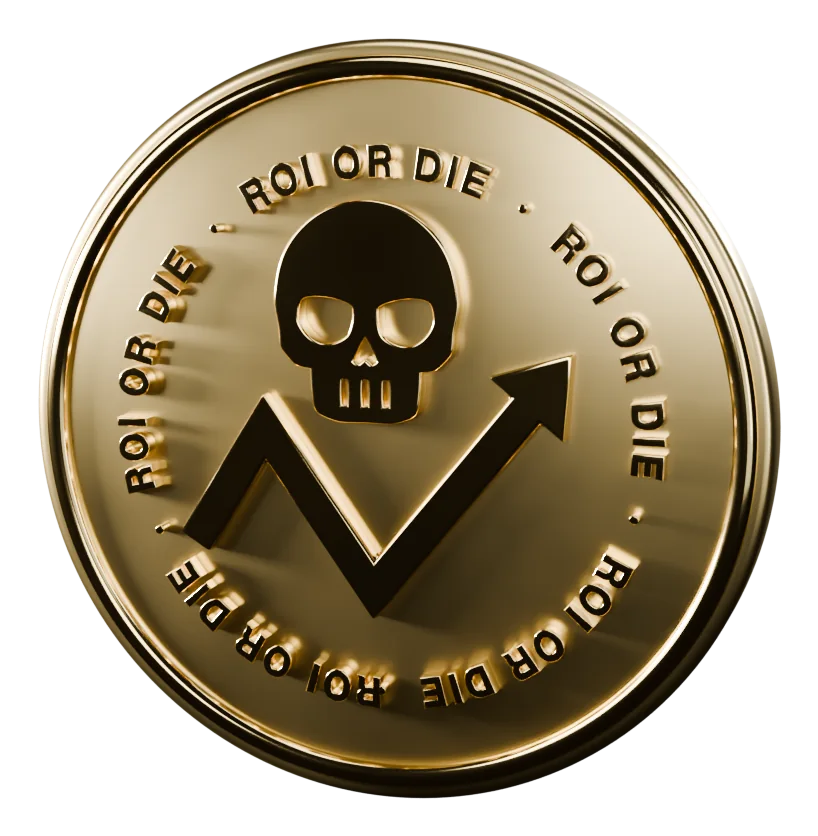 A gold coin: ROI OR DIE round the edge, a skull in the middle, and an arrow that rises, dips beneath it and climbs away