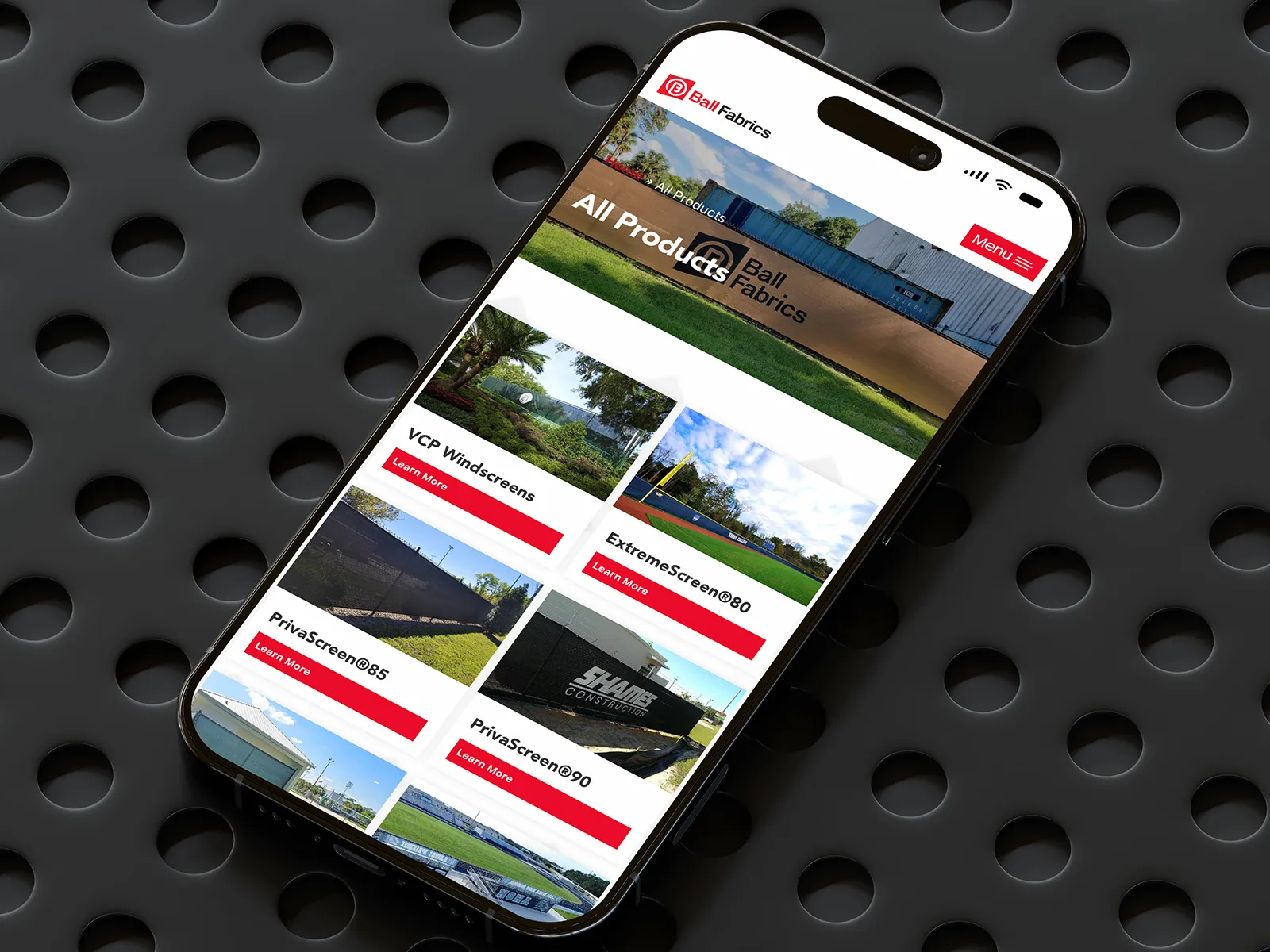 Ball Fabrics' All Products page on a phone, each product shown installed