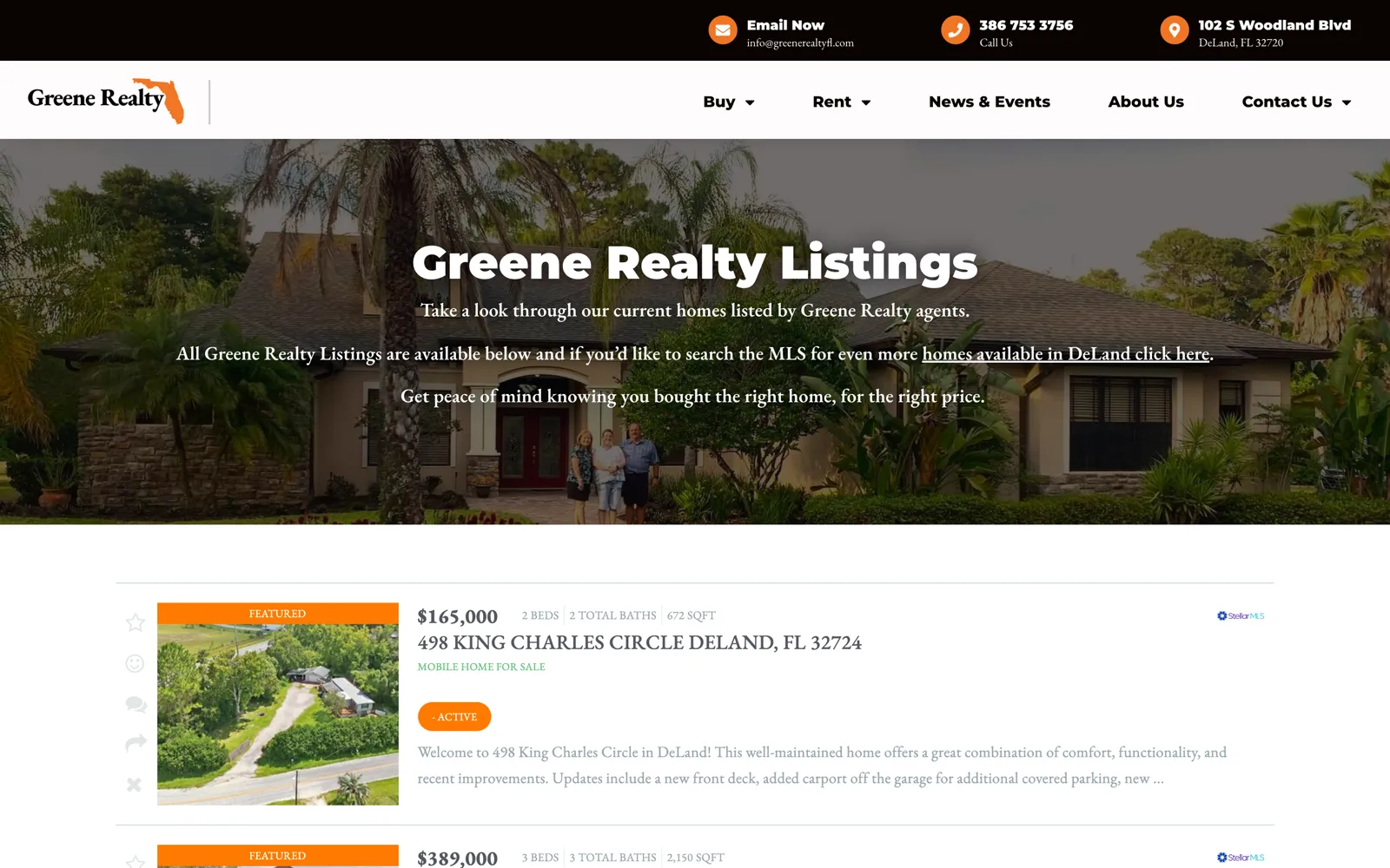 Greene Realty's listings page, with homes coming in from the listings feed