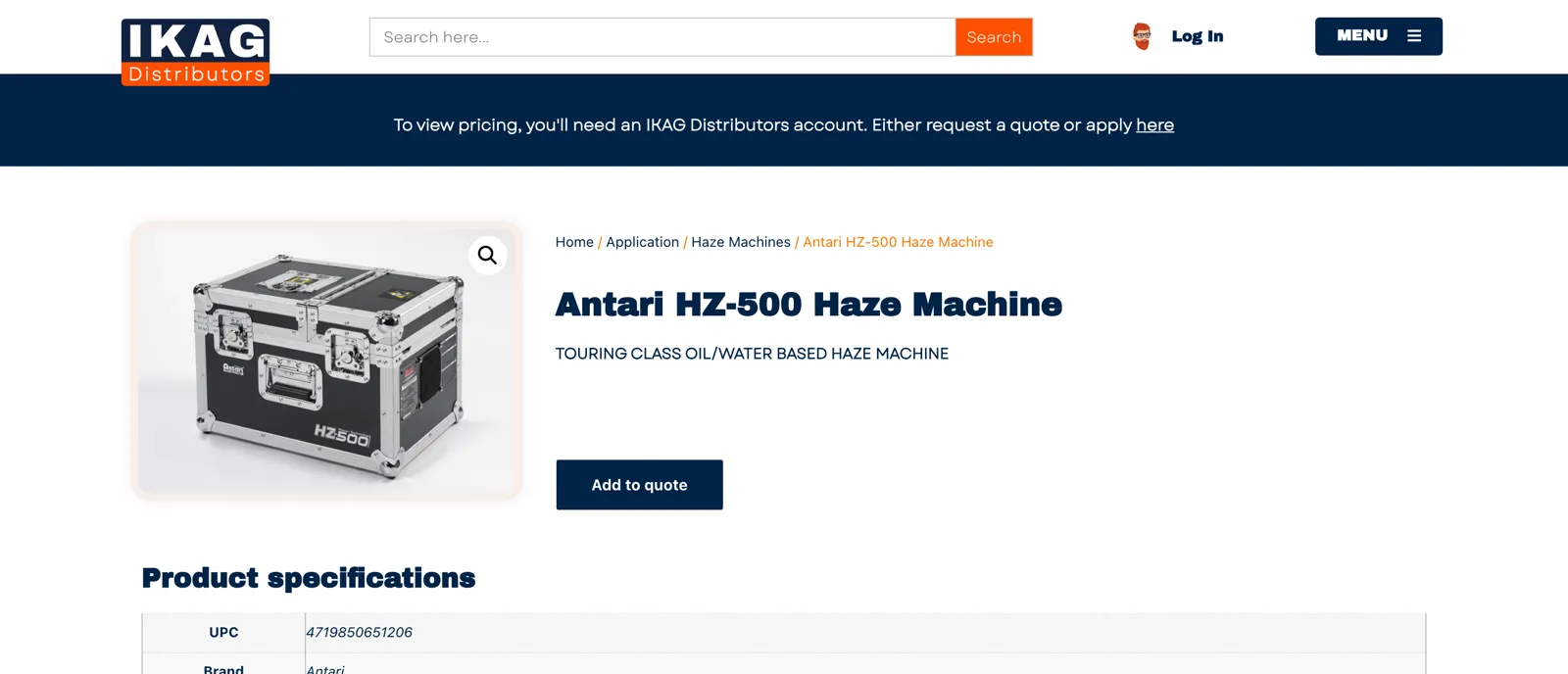 An IKAG product page: the product and its specifications, with the price kept for signed-in dealers