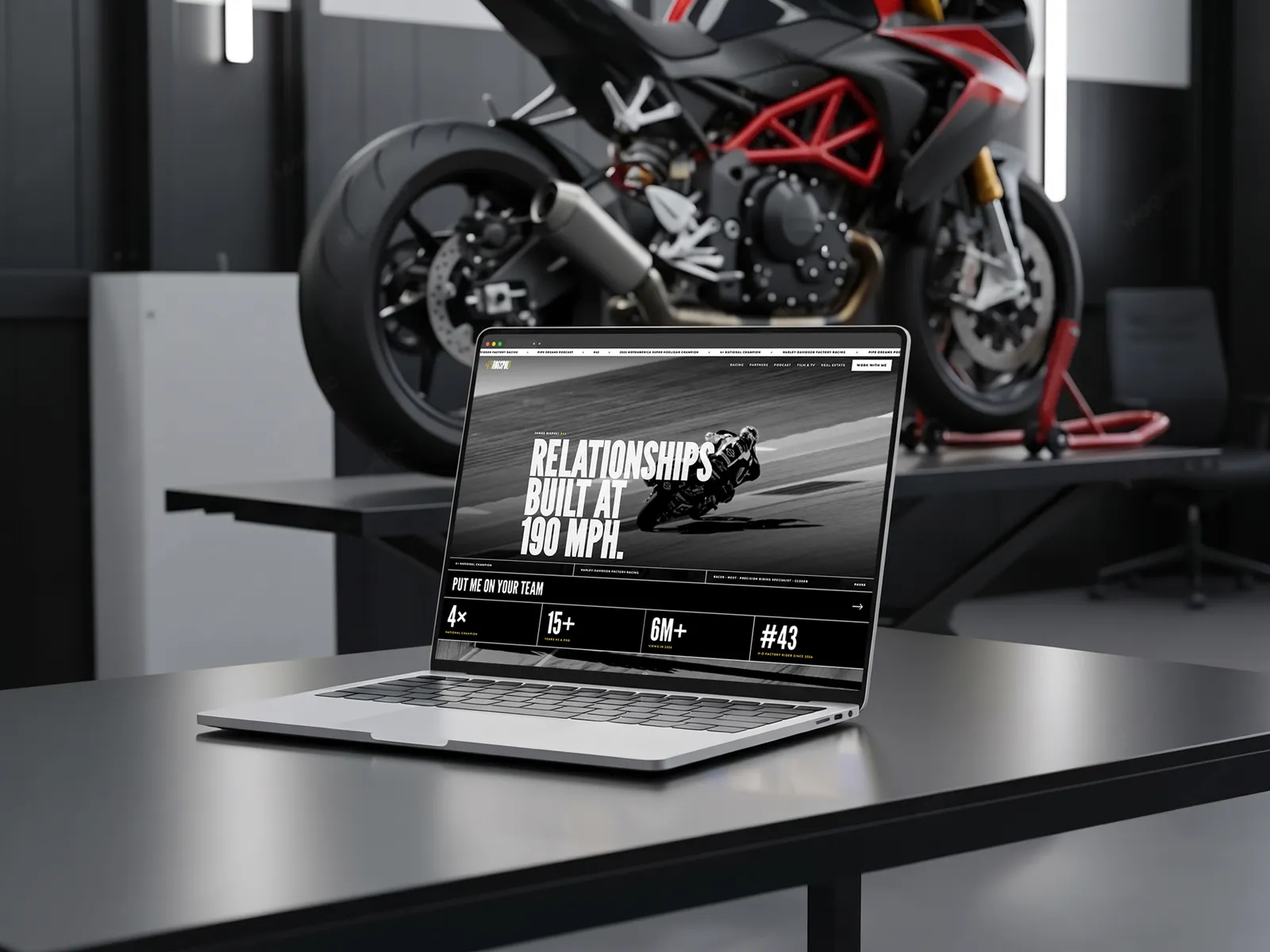 James Rispoli's homepage on a laptop: Relationships built at 190 mph, with his titles and numbers underneath