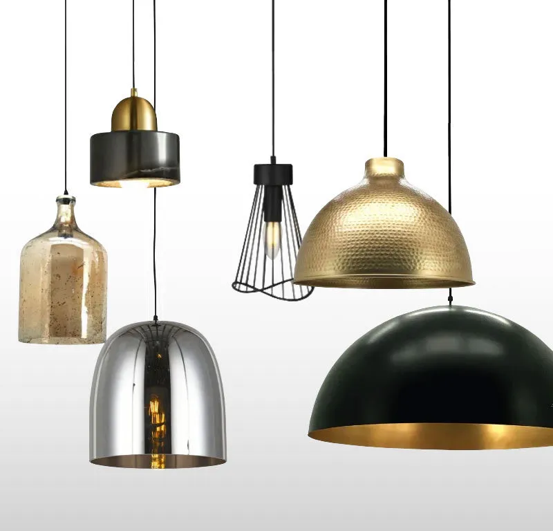 Pendant lights in brass, chrome, glass and black