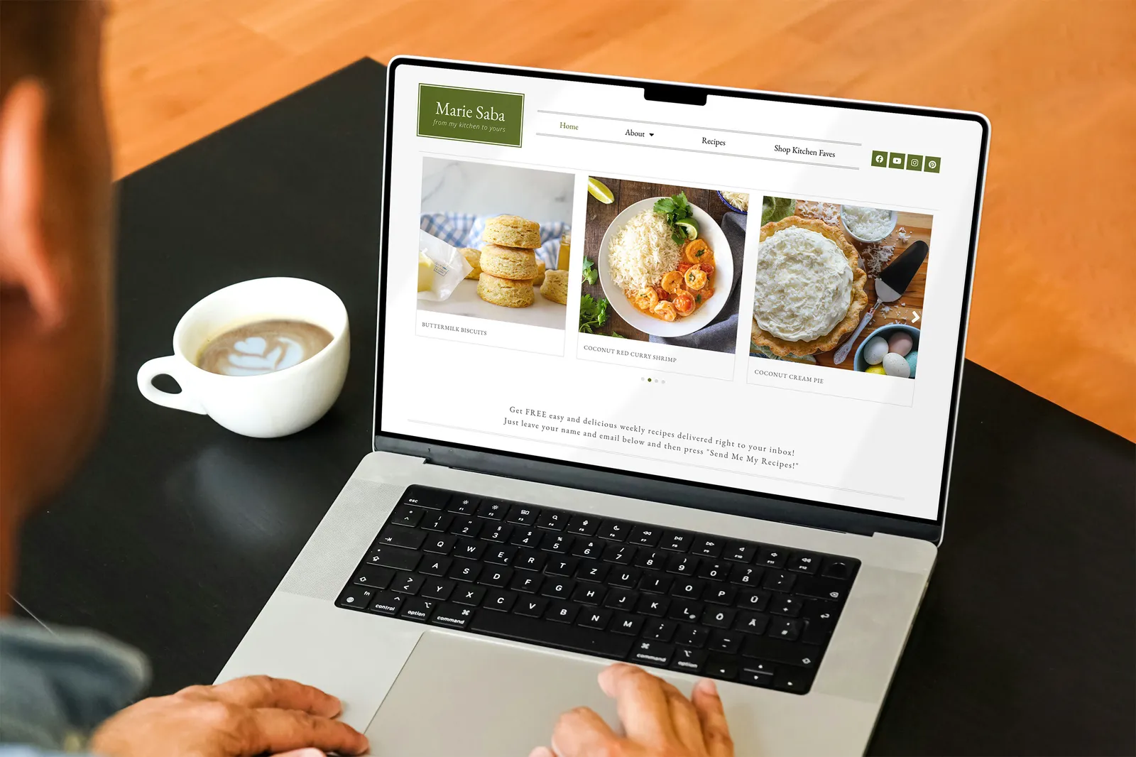 Marie Saba's homepage on a laptop: the latest recipes, from buttermilk biscuits to coconut cream pie