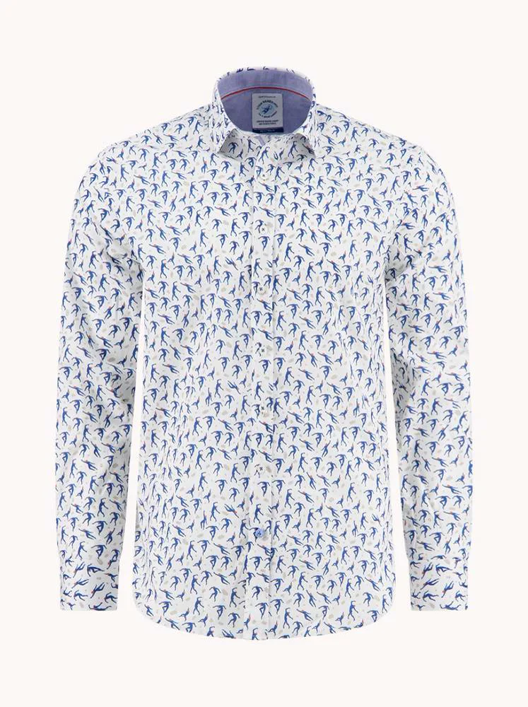 An A Fish Named Fred shirt in a small blue print