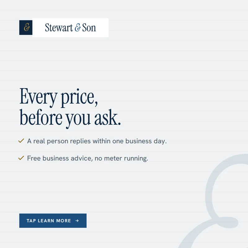 Carousel card three: “Every price, before you ask.”, a real person replies within one business day
