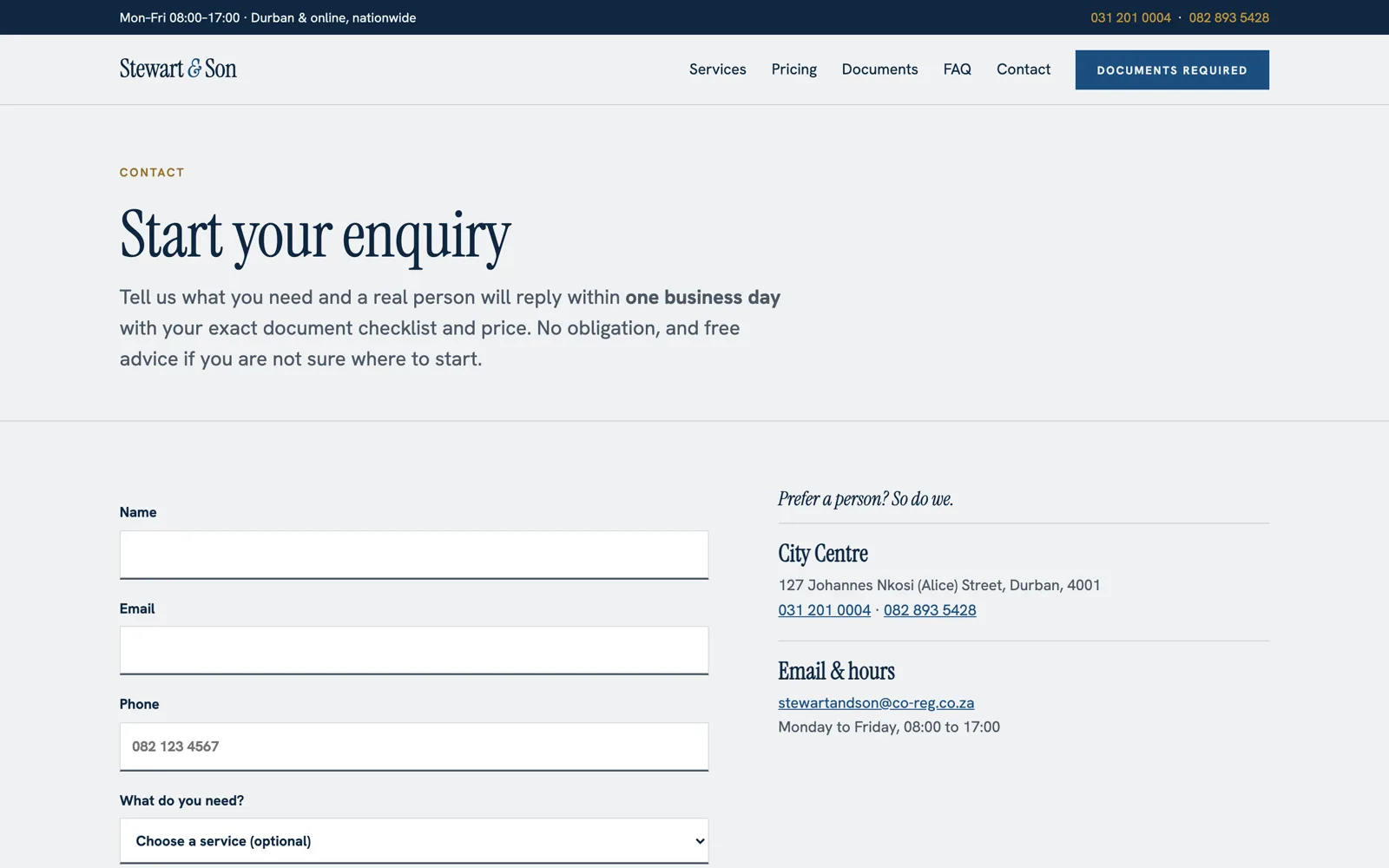 Stewart & Son's contact page: “Start your enquiry”, a short form, and the Durban office