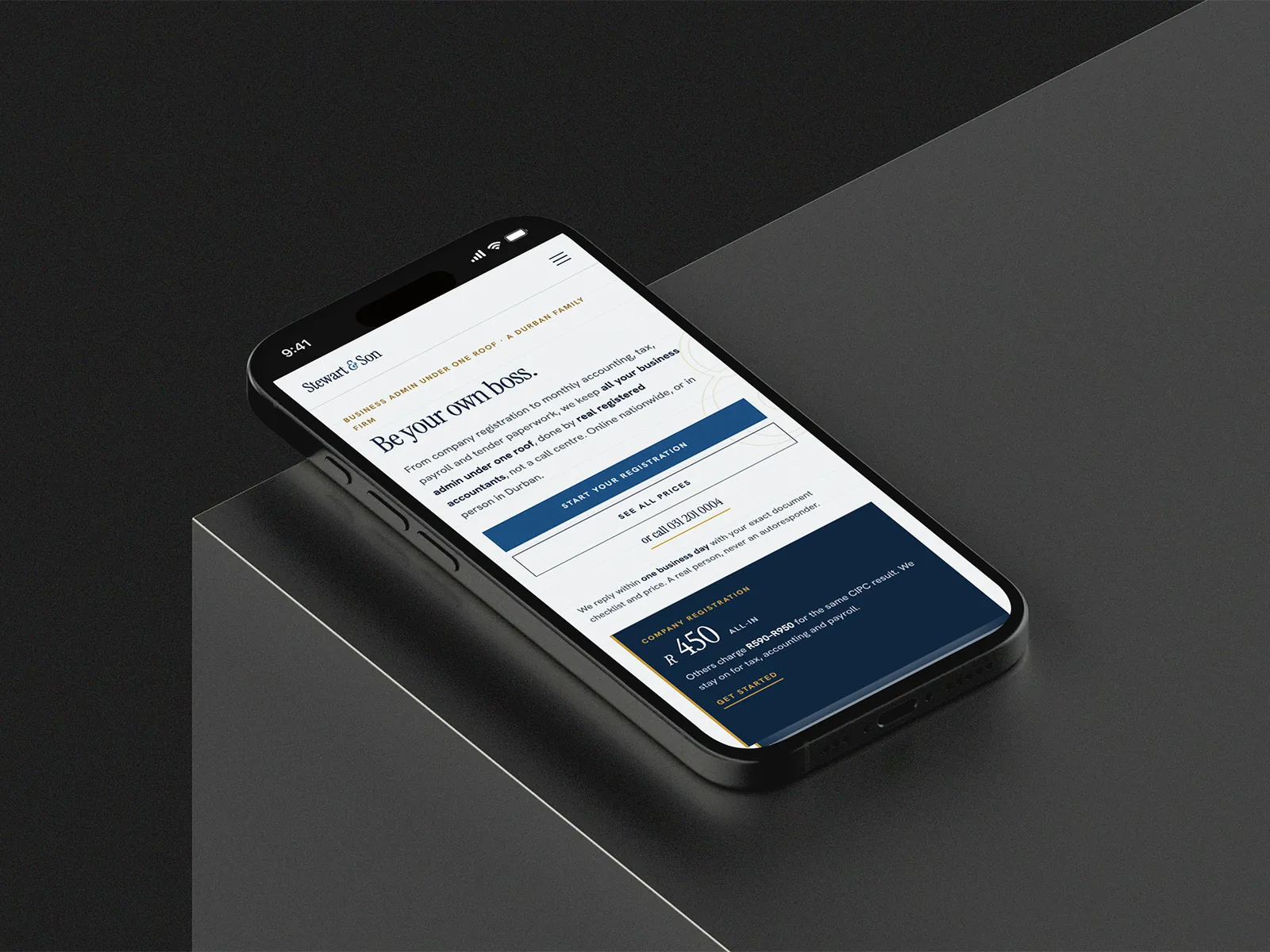 Stewart & Son's homepage on a phone: Be your own boss, with the company registration price beside it
