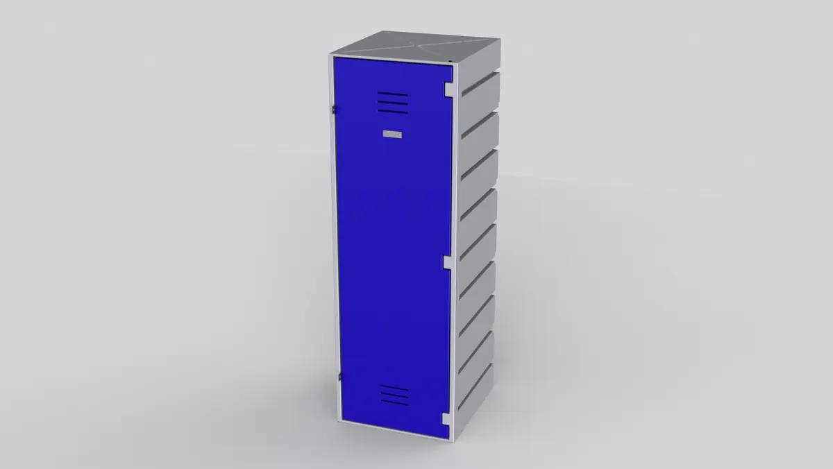 A tall sports locker with a blue door